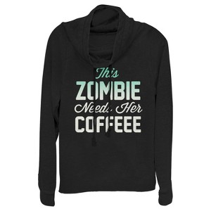 Juniors Womens CHIN UP Halloween Zombie Needs Coffee Cowl Neck Sweatshirt - 1 of 3