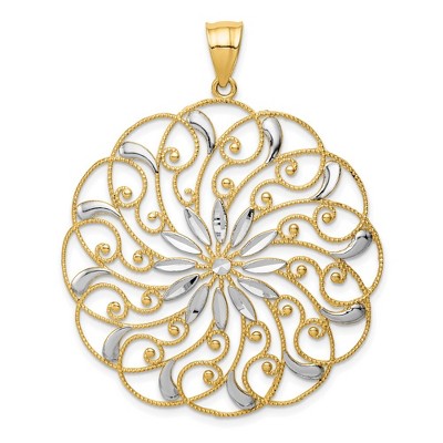 Black Bow Jewelry 14k Yellow Gold & White Rhodium Diamond Cut Floral Swirl Pendant