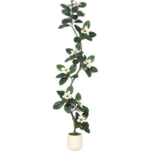 coucheta Artificial Fiddle Leaf Fig Tree with Magnolia Flowers, Faux Plants with White Planter Pot, Faux Floor Plant, Indoor and Outdoor Rubber Tree - 1 of 4