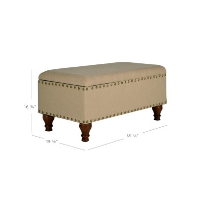 Elegant Tan Upholstered Storage Bench with Nailhead Trim and Wood Legs