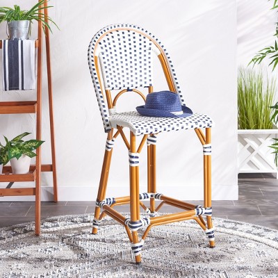 California White and Navy Faux Wicker Counter Stool