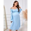 Coolmee Women Maternity Smocked Crew Neck Long Ruffled Sleeve Elastic Waist Flowy A-Line Midi Dress For Photoshoot Baby Shower - 3 of 4