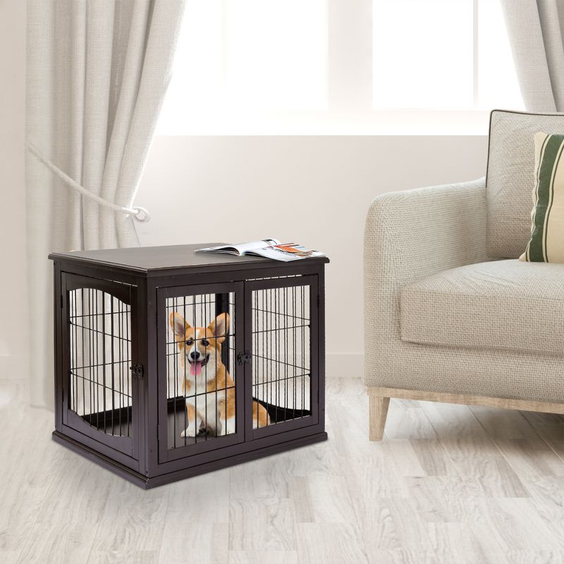 PawHut 26" Wooden Dog Crate, Furniture Style Pet Cage Kennel, End Table, with Lockable Double Door Entrance, and Top Shelf, 3 of 14