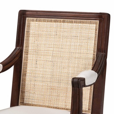 Traditional French Dark Brown Wood and Beige Fabric Accent Chair