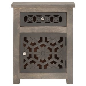 vidaXL Solid Mango Wood Bedside Cabinet - Brown, Classic Style, Carved Flower Design, Nightstand/Side Table with Drawer and Cupboard - 1 of 4