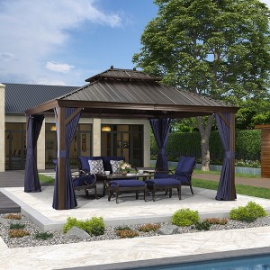 Purple Leaf 12 'X 14' Courtyard Bronze Aluminum Frame Pavilion And Navy Blue Curtain Outdoor Hardtop Gazebo - 1 of 4