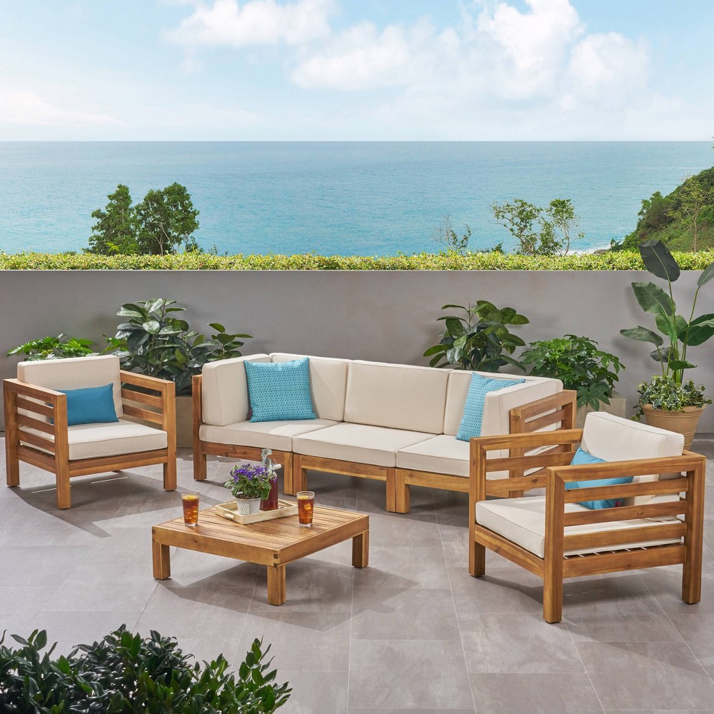 Photos - Garden Furniture Oana 6pc Acacia Wood Sofa Chat Set Teak/Beige - Christopher Knight Home