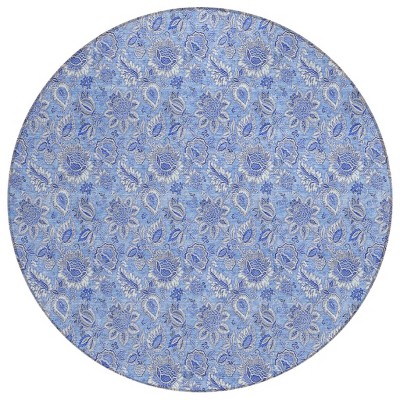 Navy Blue And Denim Blue Floral Washable Indoor Outdoor Area Rug