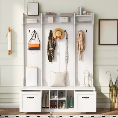 Entryway Hall Tree With Shoe Bench, Entryway Bench with Coat Rack, 58.8'' Wide Coat Rack Storage Shelf for Small Spaces Living Room Hallway