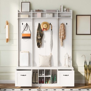 Entryway Hall Tree With Shoe Bench, Entryway Bench with Coat Rack, 58.8'' Wide Coat Rack Storage Shelf for Small Spaces Living Room Hallway - 1 of 4