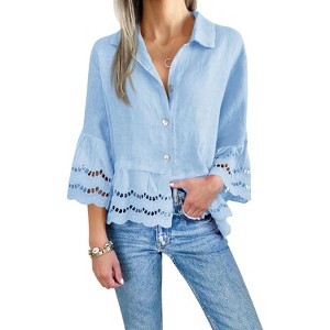 Imily Bela Womens 3/4 Bell Sleeve Eyelet Button Down Shirt Casual Ruffle Hem Blouse - 1 of 4