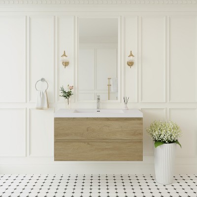 TUYOHW Floating Bathroom Vanity with Sink, Modern Wall-Mounted Bathroom Storage Vanity Cabinet with Resin Top Basin and Soft Close Drawers