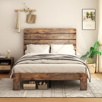 NicBex Full/Queen/King Natural Style Bed Frame with Wooden High Headboard,Modern Platform Bed for Bedroom,No Box Spring Needed