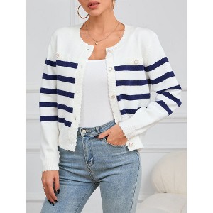 V For City Women's Striped Crochet Knit Long Sleeve Round Neck Open Front Cardigan Sweaters - 1 of 4