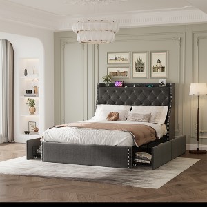 Upholstered Bed Frame with 4 Storage Drawers, Diamond Stitched Button Tufted Design, Wingback Headboard, No Box Spring Required - 1 of 4