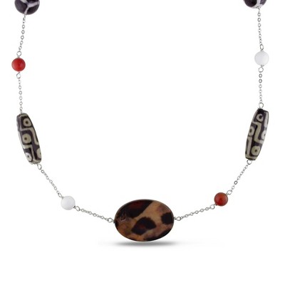 EVERLY JEWELRY | Sterling Silver White and Zebra Agate, Carnelian Gemstone and Leopard Bead Necklace - 30 in