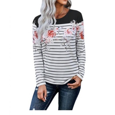Women's Striped Floral Print Long Sleeve Top - Sweet Lover Fashion