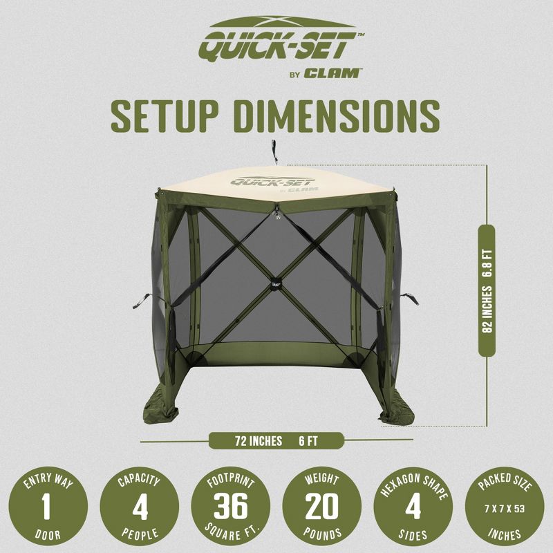 CLAM Quick-Set Traveler 6 x 6 Foot Easy Set Up Portable Outdoor Camping Pop Up Canopy Gazebo Shelter with Ground Stakes and Carry Bag, Green/Tan, 3 of 7