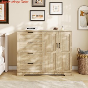 Wooden Storage Cabinet, Freestanding Wardrobe w/ 1 Hanging Rod, Side Organizer w/ 4 Drawers and Double Doors - 1 of 4