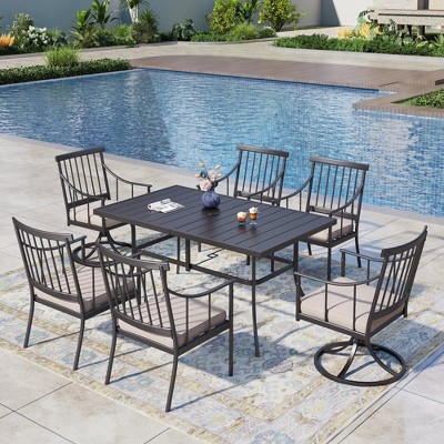 Captiva Designs 7pc Outdoor Patio Slat-top Rectangle Dining Steel Table & Foldable Arm Chairs