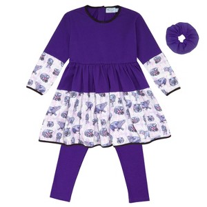 The Pink Picket Fence Lulu Hippo Twirl Dress Set for Girls – 100% Natural Cotton Long Sleeve Dress with Matching Leggings & Scrunchie – Hippo Print - 1 of 4