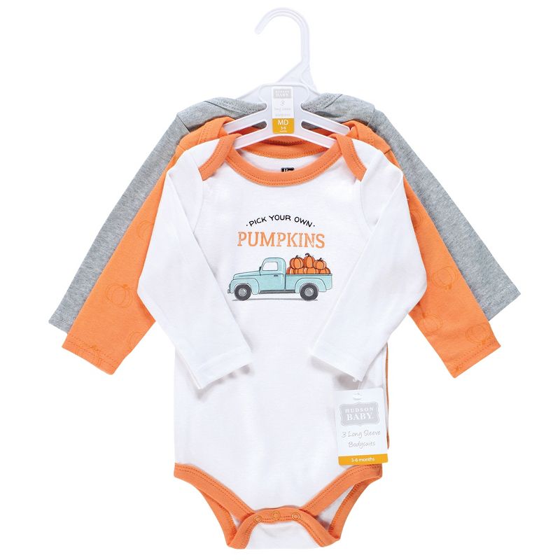 Hudson Baby Infant Boy Cotton Long-Sleeve Bodysuits, Pumpkin Truck 3-Pack, 3 of 7