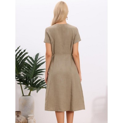 Женские платья INSPIRE CHIC Women's Summer Button Down V Neck Short Sleeve Drawstring Waist Work Midi Dress X-Large Khaki — фото 3