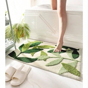 Green Leaves Bath Mats Set 2 Piece Non - Slip Machine Carpet for Tub Shower Floor Entrance 17.5x25.5+19.5x31.5 Inches - 1 of 4