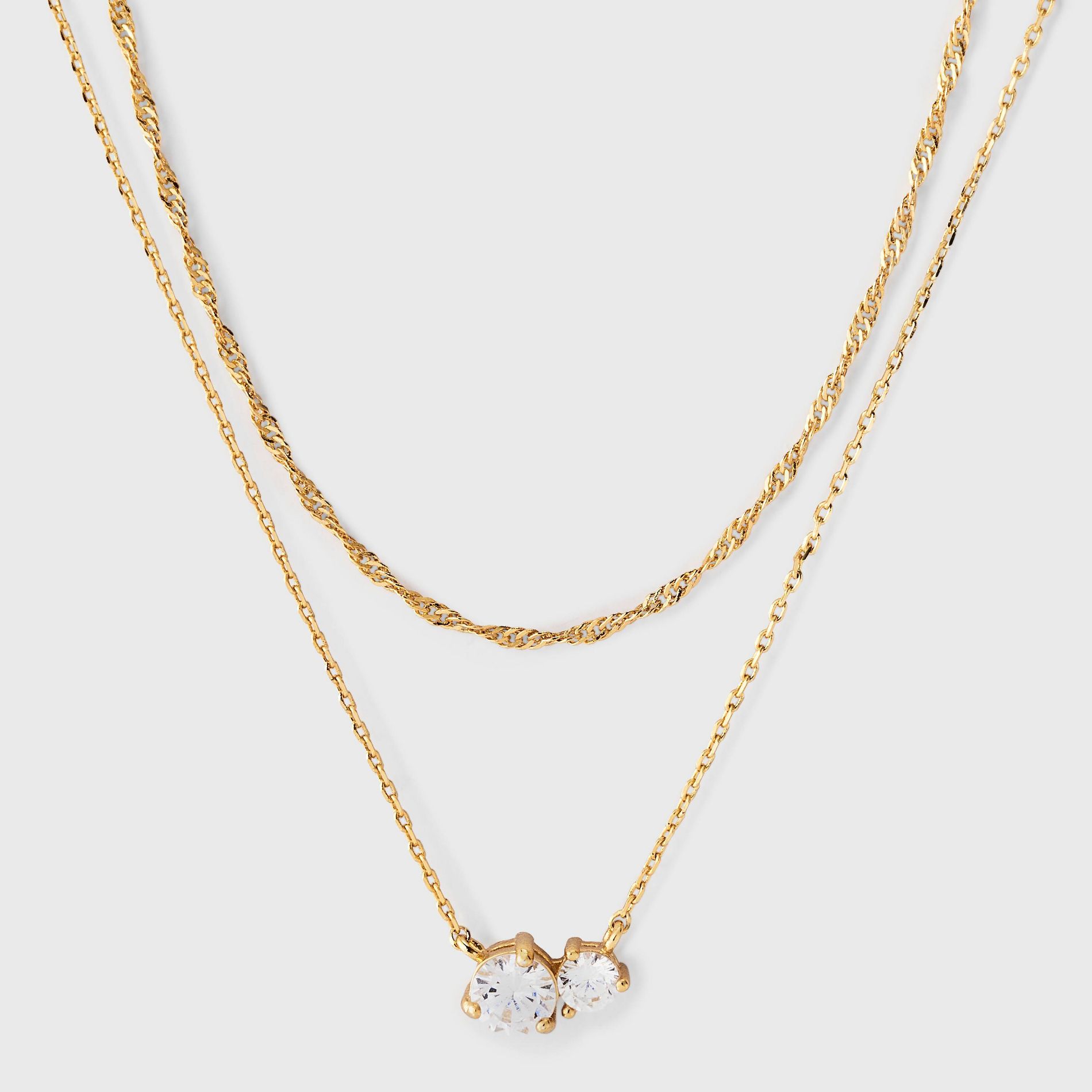 14K Gold Plated & Cubic Zirconia Duo Stud and Twist Chain Multi-layer Necklace - A New Day™ Gold