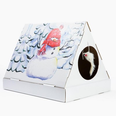 Festive Snowman Cardboard Cat Scratcher House with Toy
