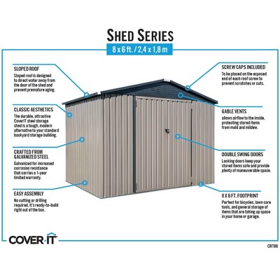 Tan 6' x 8' Galvanized Steel Outdoor Storage Shed with Lockable Doors