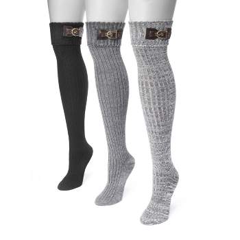 MUK LUKS Women's 3 Pair Buckle Cuff OTK Socks-Black OS
