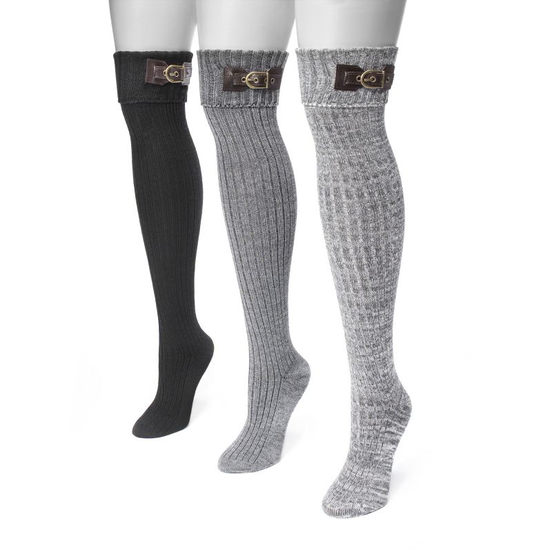 MUK LUKS Women's 3 Pair Buckle Cuff OTK Socks-Black OS, 1 of 4