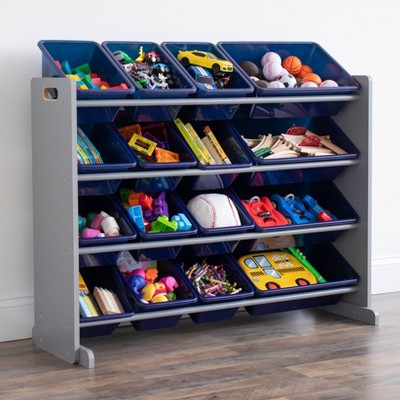Gray and Navy Kids' Toy Storage Organizer with 16 Bins