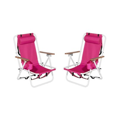 FURNIinspire Outdoor Portable Chair Set of 2 with Headrest Cup Holder and Backpack Straps for Outdoor Relaxation, Pink, 23"*21.7"*31.5"