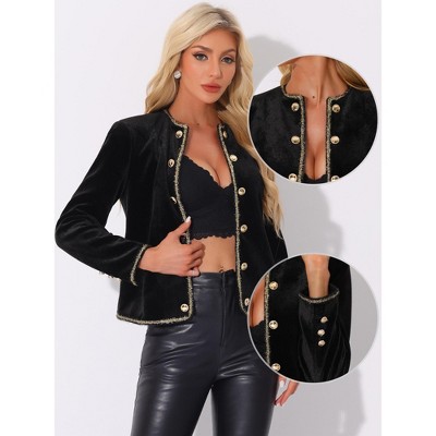 Allegra K Women's Velvet Elegant Collarless Cropped Work Open Front Blazer Black Medium — фото 2