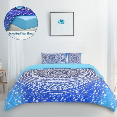 4 Pcs Twin Polyester Microfiber Solid Color Wooden Buttons Duvet Cover Bedding Sets Light Blue - PiccoCasa