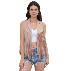Clearlove Womens Fringe Vest 60s 70s Sleeveless Costume Cowgirl Western Faux Suede Tassel Leather Jacket Party, Black - XL - 1 of 4