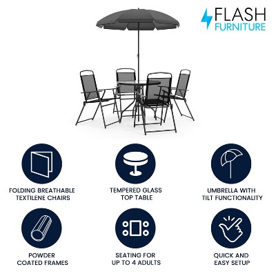 Nantucket 6-Piece Black Steel Patio Furniture Set with Umbrella