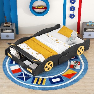 Lyngins Twin Size Race Car-Shaped Platform Bed Frame with Decorative Wheels & Built-In Storage, Wooden Toddler Bed with Safe Side Rails - 1 of 4