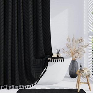 Aoibox Boho Farmhouse Shower Curtain, Black Fabric Tufted Chevron Striped Textured Tassel Water Repellent Minimalist Ruffled Cloth with Hooks - 1 of 4