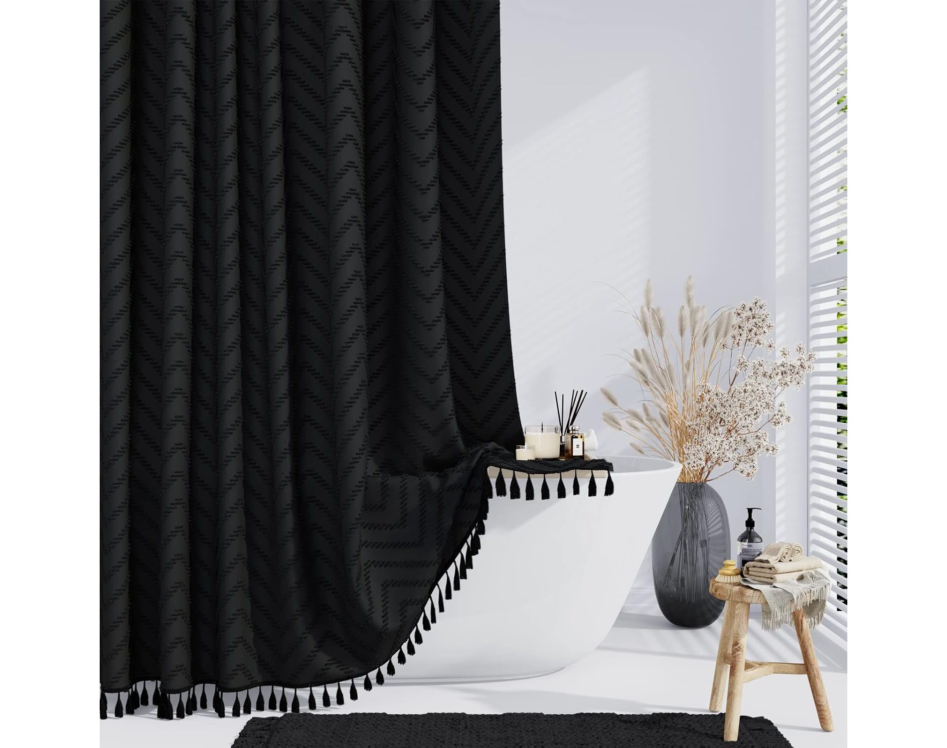 Aoibox Boho Farmhouse Shower Curtain, Black Fabric Tufted Chevron Striped Textured Tassel Water Repellent Minimalist Ruffled Cloth with Hooks