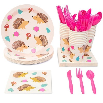 Blue Panda Hedgehog Party Supplies (Serves 24) Knives, Spoons, Forks, Paper Plates, Napkins, Cups