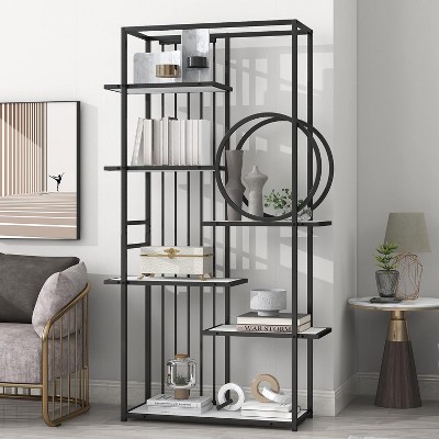 6 Tiers Bookshelf, Tall Bookcase Industrial Style Open Display Shelves, Modern Metal Frame Bookcases Large Bookshelf with Storage for Living Room