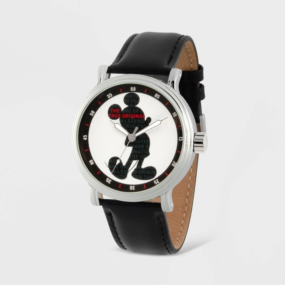 Photos - Wrist Watch Men's Disney Mickey Mouse Shadow Vintage Leather Strap - Black
