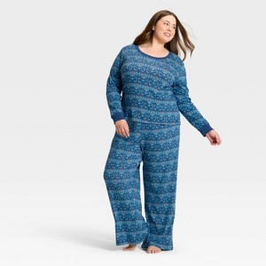 Women's Hanukkah Ribbed Long Sleeve Shirt and Pants Holiday Matching Family Pajama Set - Wondershop™ Blue - 1 of 4