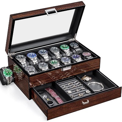 12 Slot Wooden Watch Box with Large Glass Lid, 2-Layer Watch Display Case with Drawer Watch Storage