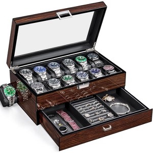 12 Slot Wooden Watch Box with Large Glass Lid, 2-Layer Watch Display Case with Drawer Watch Storage - 1 of 4