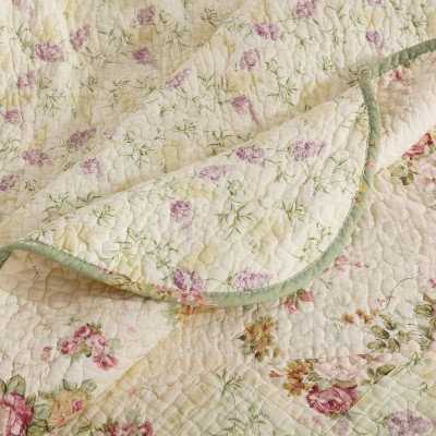 Ivory and Sage Floral Patchwork Cotton Quilt Set, Full
