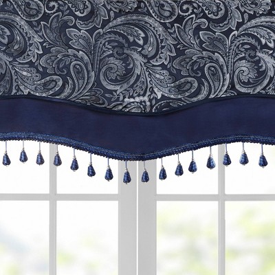 Navy Faux Silk Jacquard Beaded Window Valance